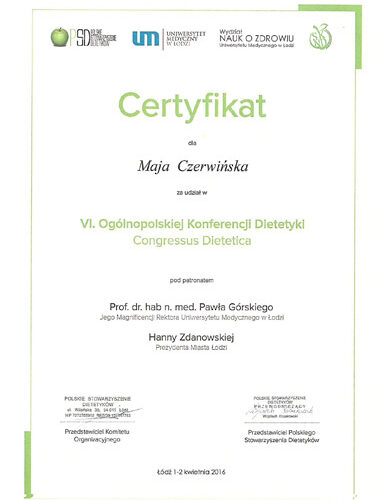 Ogólnopolska Konferencja Dietetyki - certyfikat