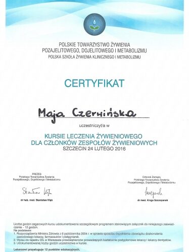 Certyfikat Polskie Towarzystwo Leczenia Żywieniowego, Dojelitowego i Metabolizmu